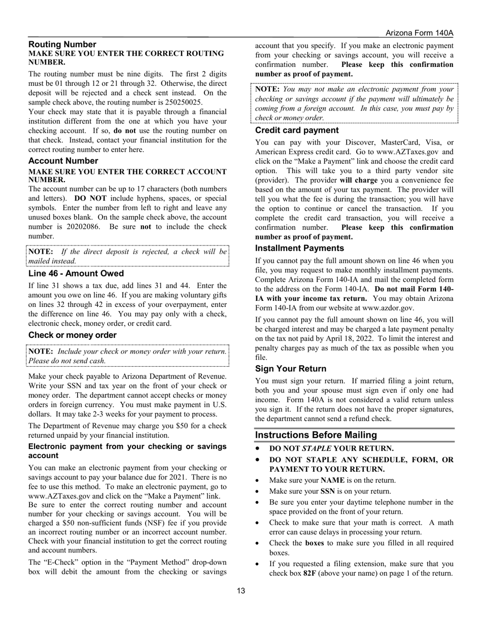 Instructions for Arizona Form 140A, ADOR10414 Resident Personal Income Tax Return (Short Form) - Arizona, Page 13