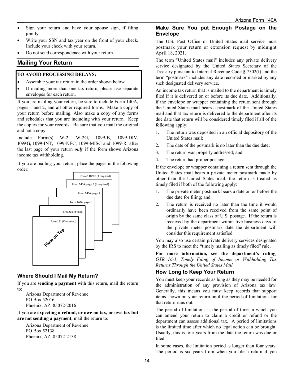 Instructions for Arizona Form 140A, ADOR10414 Resident Personal Income Tax Return (Short Form) - Arizona, Page 14