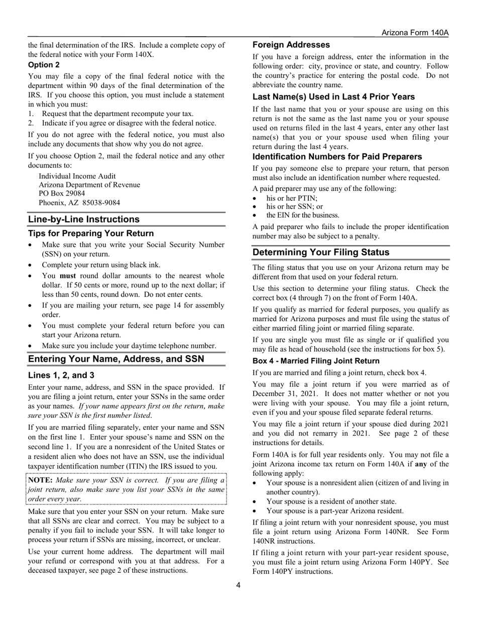 Instructions for Arizona Form 140A, ADOR10414 Resident Personal Income Tax Return (Short Form) - Arizona, Page 4
