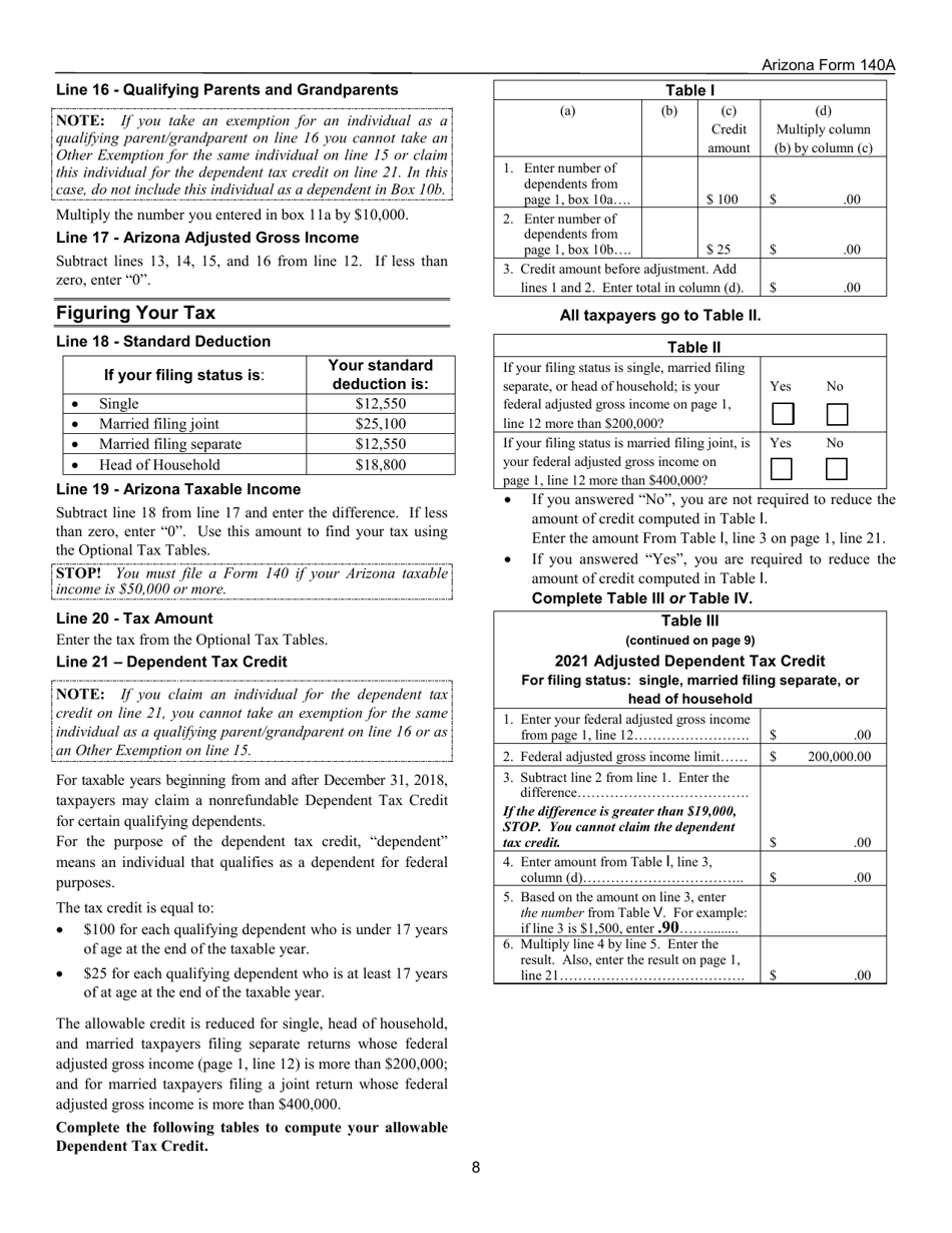 Instructions for Arizona Form 140A, ADOR10414 Resident Personal Income Tax Return (Short Form) - Arizona, Page 8