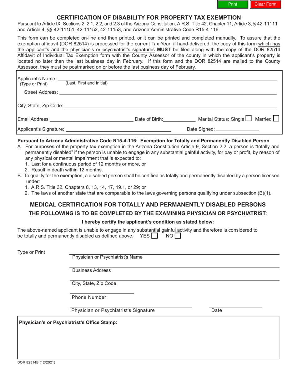 Form DOR82514B Certification of Disability for Property Tax Exemption - Arizona, Page 1