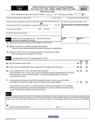Document preview: Arizona Form 131 (ADOR10412) Claim for Refund on Behalf of Deceased Taxpayer for Forms 140, 140a, 140ez, 140nr, 140py and 140x - Arizona