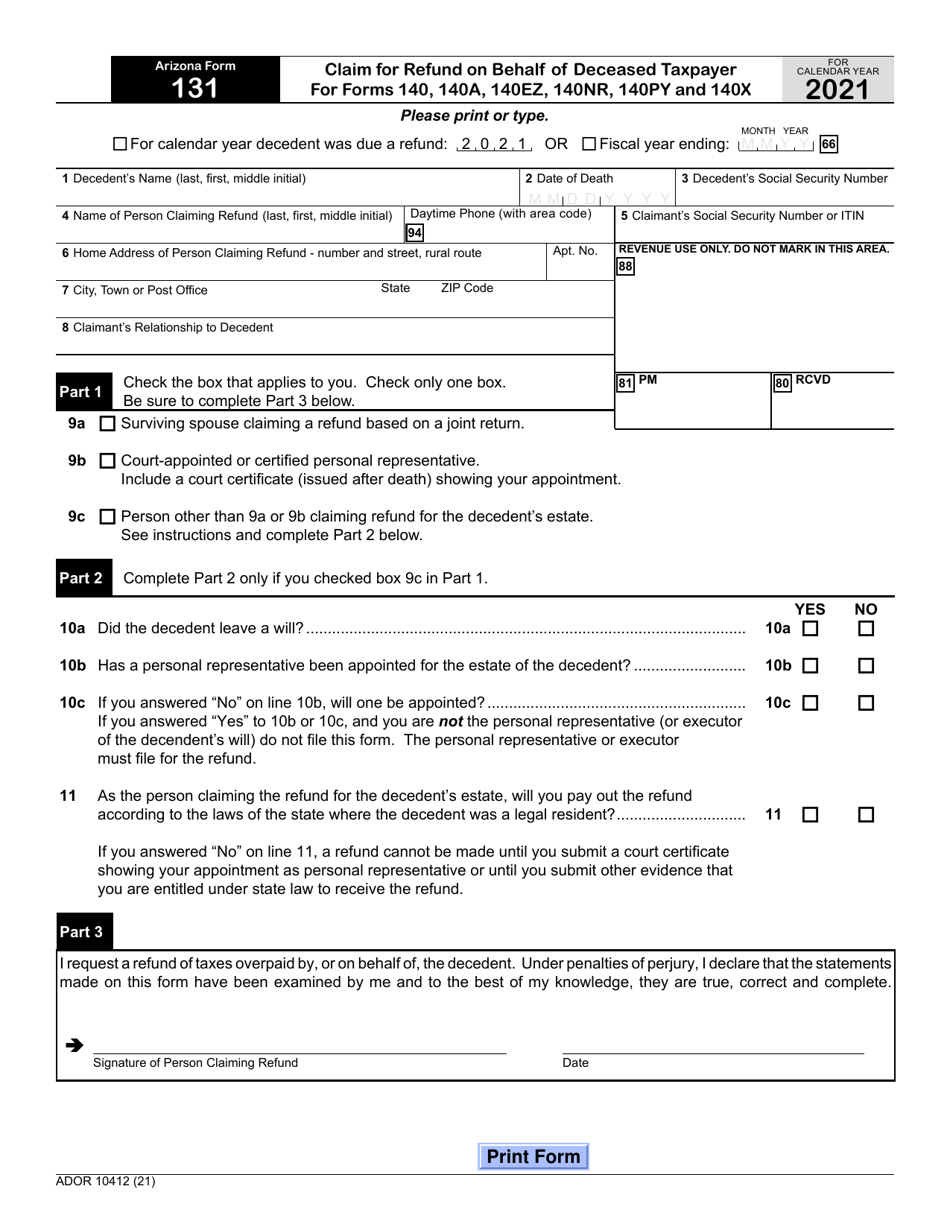 Arizona Form 131 (ADOR10412) Claim for Refund on Behalf of Deceased Taxpayer for Forms 140, 140a, 140ez, 140nr, 140py and 140x - Arizona, Page 1