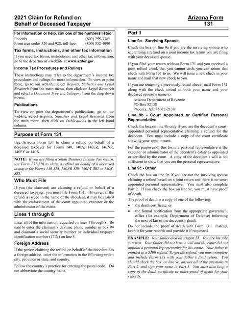 Arizona Form 131, ADOR10412 2021 Printable Pdf