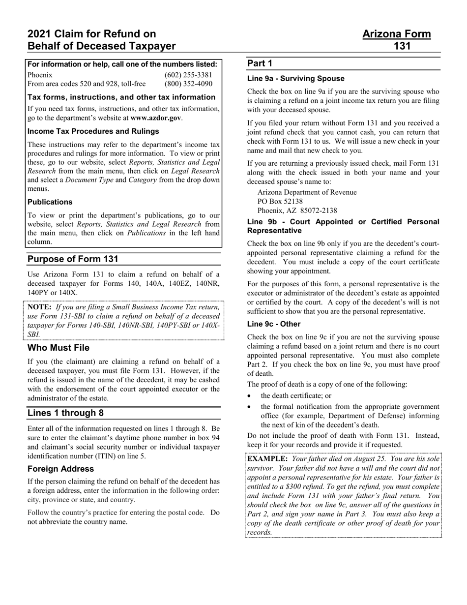 Instructions for Arizona Form 131, ADOR10412 Claim for Refund on Behalf of Deceased Taxpayer - Arizona, Page 1