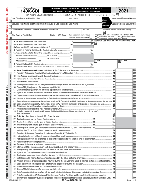 Arizona Form 140X-SBI (ADOR11401) 2021 Printable Pdf