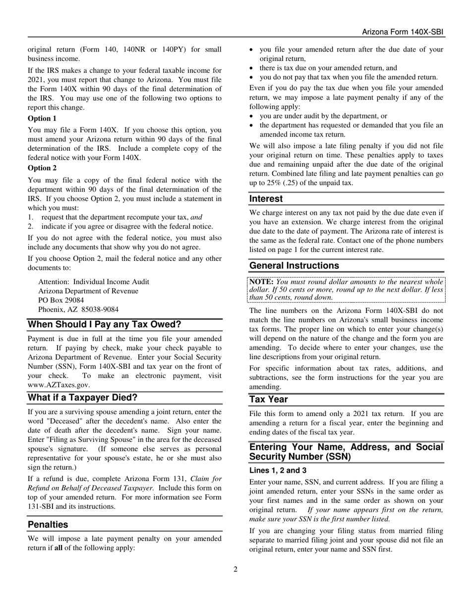 Instructions for Arizona Form 140X-SBI, ADOR11401 Small Business Amended Income Tax Return for Forms 140-sbi, 140nr-Sbi and 140py-Sbi - Arizona, Page 2