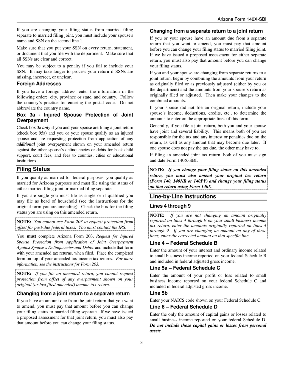 Instructions for Arizona Form 140X-SBI, ADOR11401 Small Business Amended Income Tax Return for Forms 140-sbi, 140nr-Sbi and 140py-Sbi - Arizona, Page 3