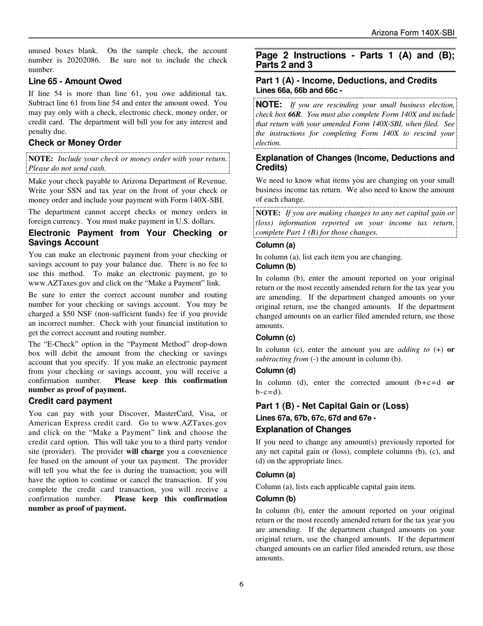 Instructions for Arizona Form 140X-SBI, ADOR11401 Small Business Amended Income Tax Return for Forms 140-sbi, 140nr-Sbi and 140py-Sbi - Arizona, Page 6