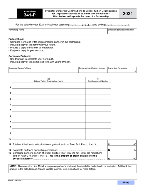 Arizona Form 341-P (ADOR11243) 2021 Printable Pdf