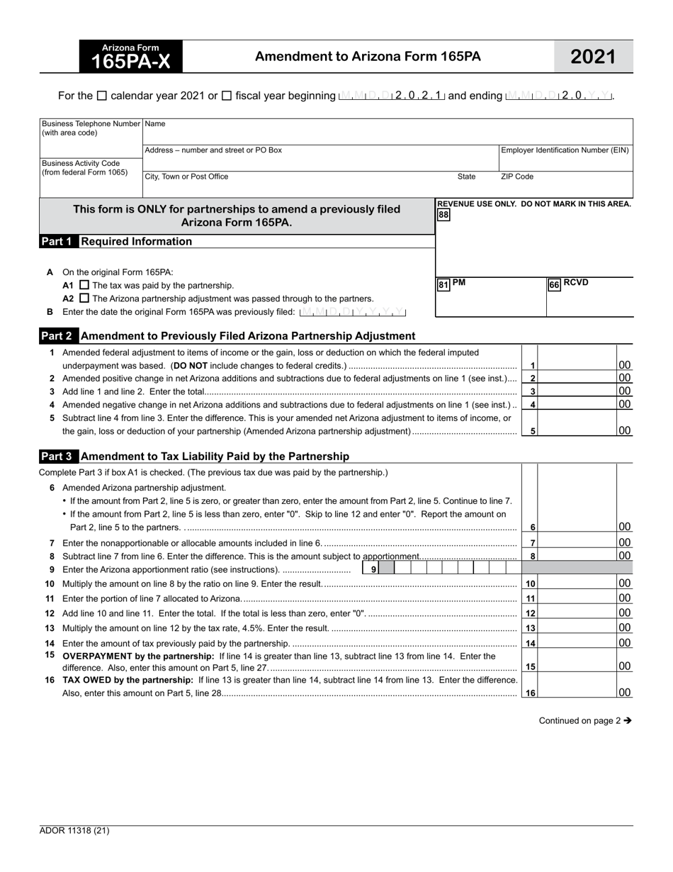 Arizona Form 165PA-X (ADOR11318) Amendment to Arizona Form 165pa - Arizona, Page 1