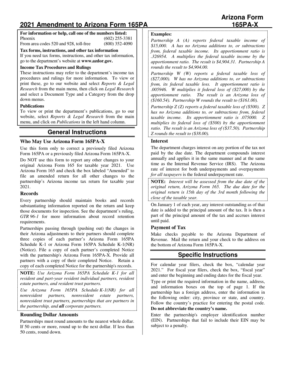 Instructions for Arizona Form 165PA-X, ADOR11318 Amendment to Arizona Form 165pa - Arizona, Page 1