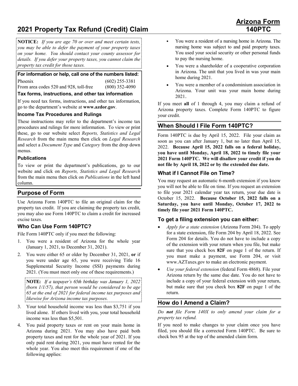 Download Instructions For Arizona Form 140PTC ADOR10567 Property Tax 