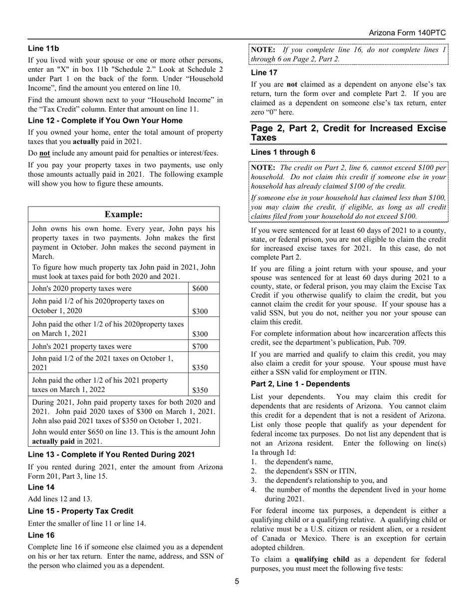 Instructions for Arizona Form 140PTC, ADOR10567 Property Tax Refund (Credit) Claim - Arizona, Page 5