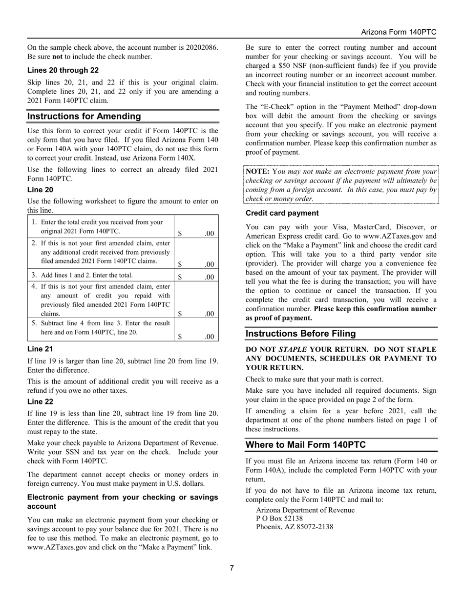 Instructions for Arizona Form 140PTC, ADOR10567 Property Tax Refund (Credit) Claim - Arizona, Page 7