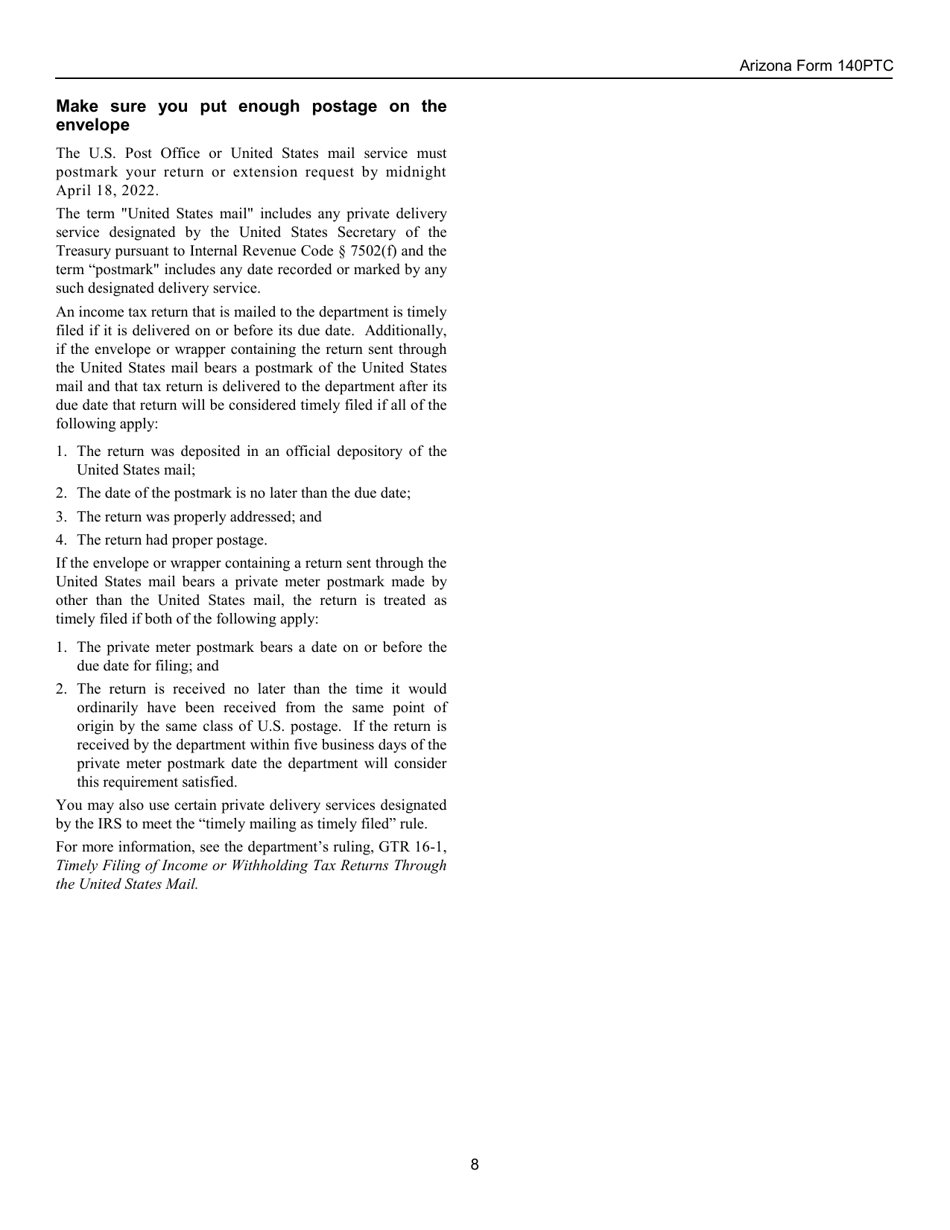 Instructions for Arizona Form 140PTC, ADOR10567 Property Tax Refund (Credit) Claim - Arizona, Page 8