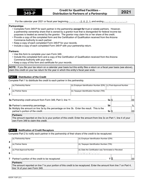 Arizona Form 349-P (ADOR11297) 2021 Printable Pdf