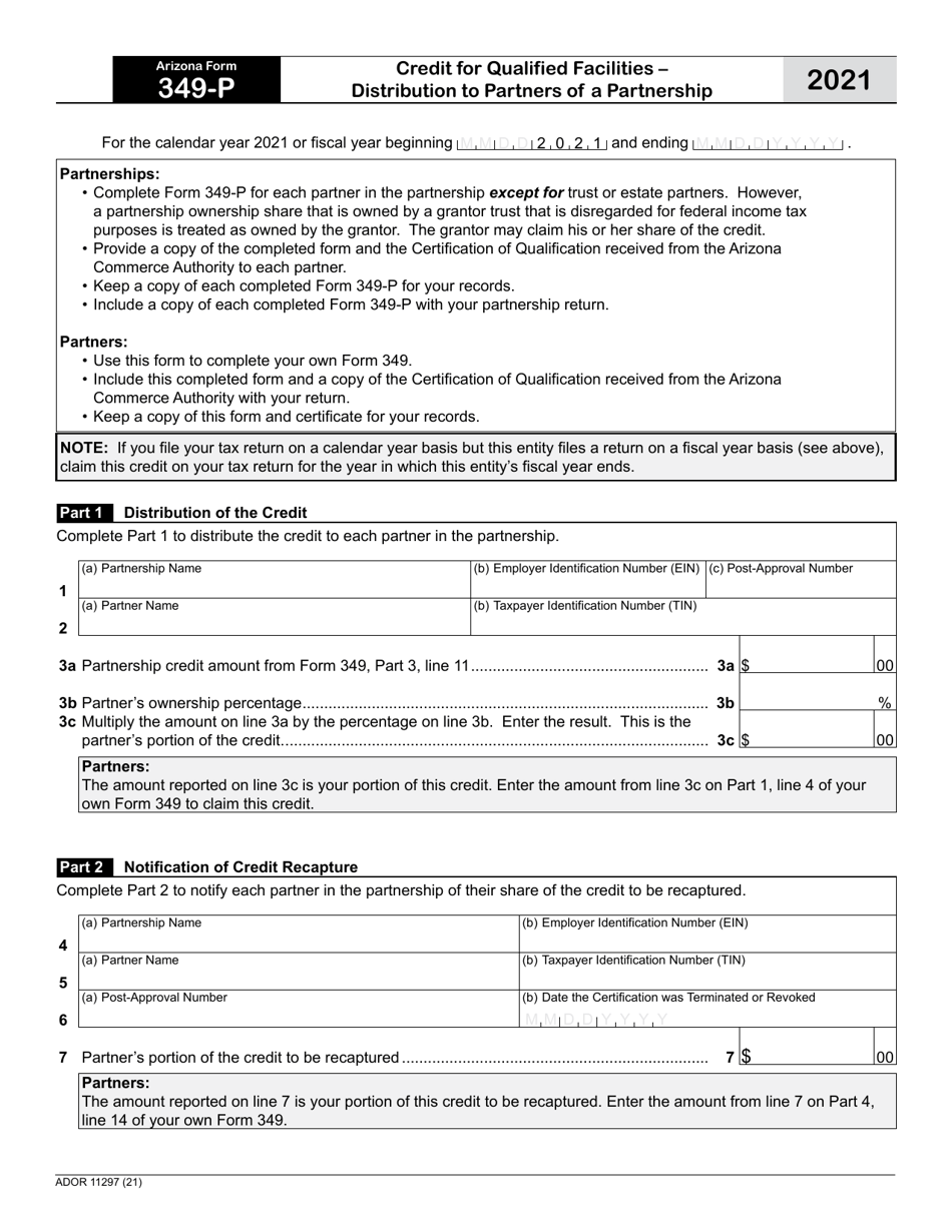 Arizona Form 349-P (ADOR11297) Credit for Qualified Facilities - Distribution to Partners of a Partnership - Arizona, Page 1