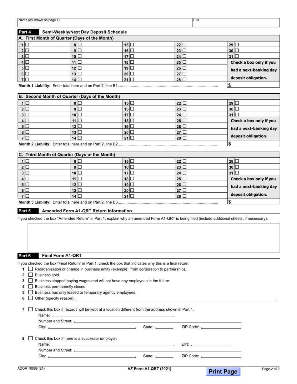 Arizona Form A1-QRT (ADOR10888) Arizona Quarterly Withholding Tax Return - Arizona, Page 2