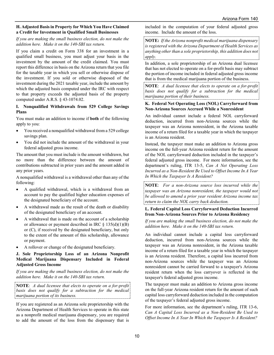 Instructions for Arizona Form 140, ADOR10413 Resident Personal Income Tax Return - Arizona, Page 10