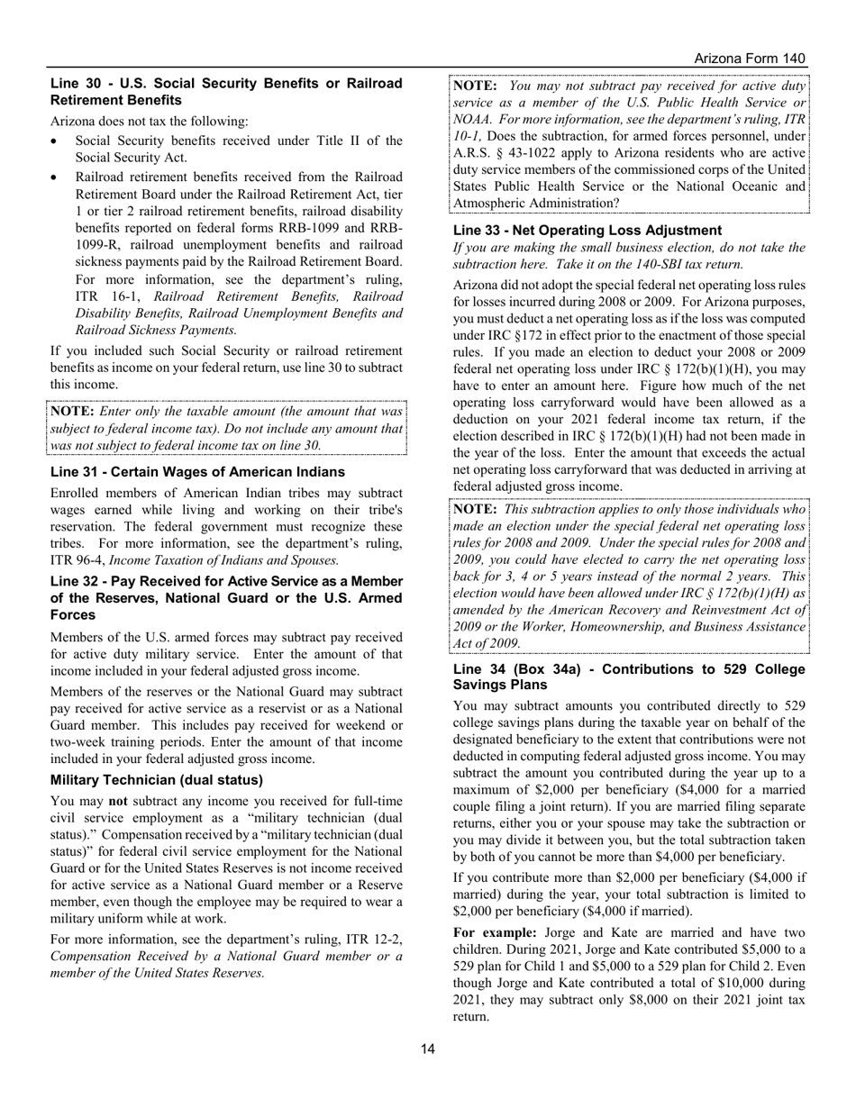 Instructions for Arizona Form 140, ADOR10413 Resident Personal Income Tax Return - Arizona, Page 14