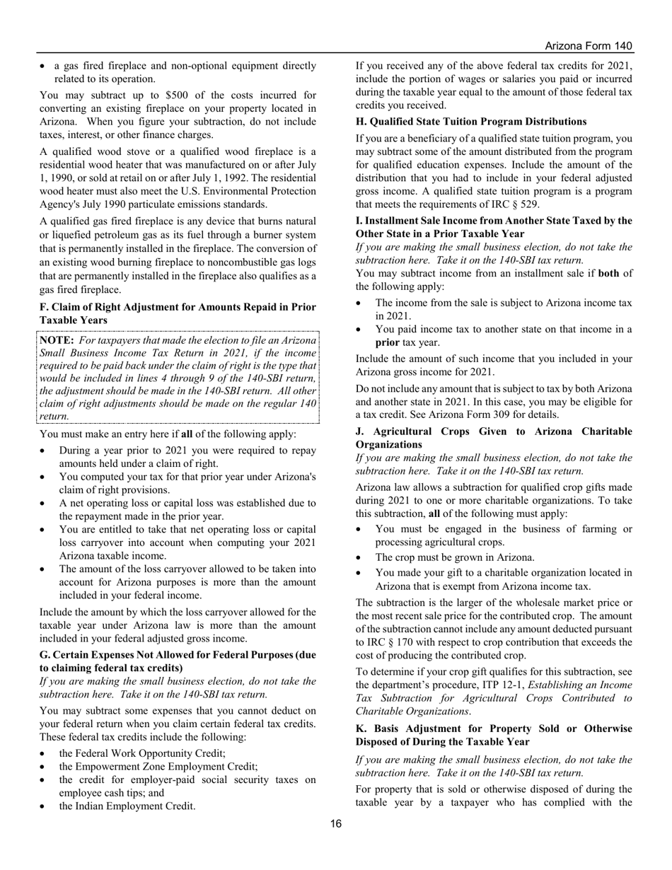 Instructions for Arizona Form 140, ADOR10413 Resident Personal Income Tax Return - Arizona, Page 16