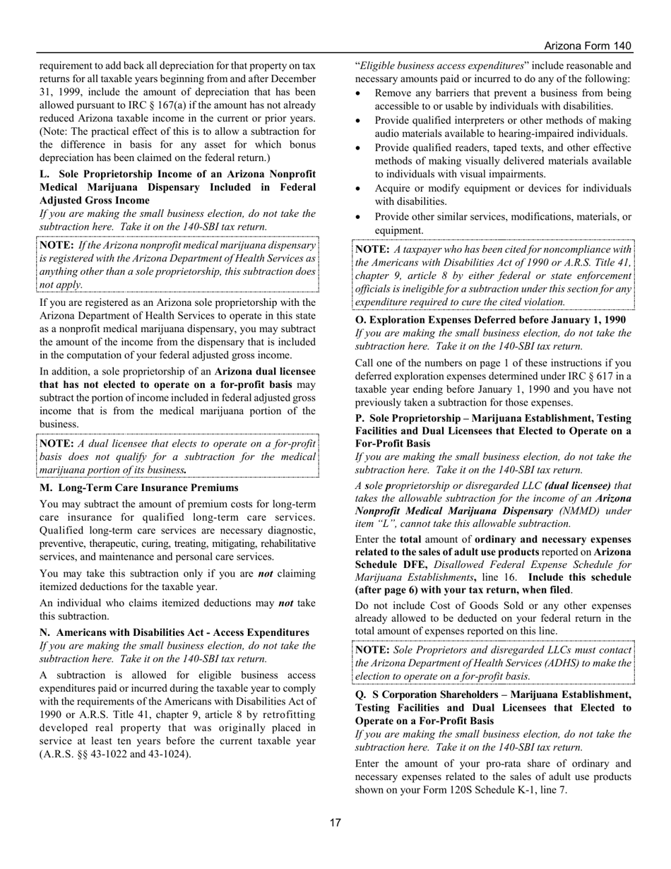 Instructions for Arizona Form 140, ADOR10413 Resident Personal Income Tax Return - Arizona, Page 17