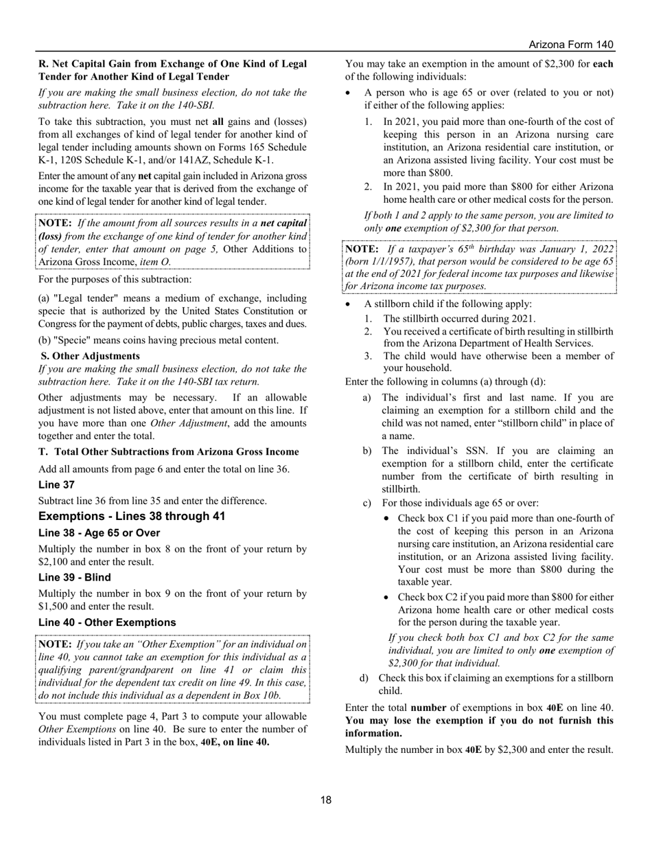 Instructions for Arizona Form 140, ADOR10413 Resident Personal Income Tax Return - Arizona, Page 18