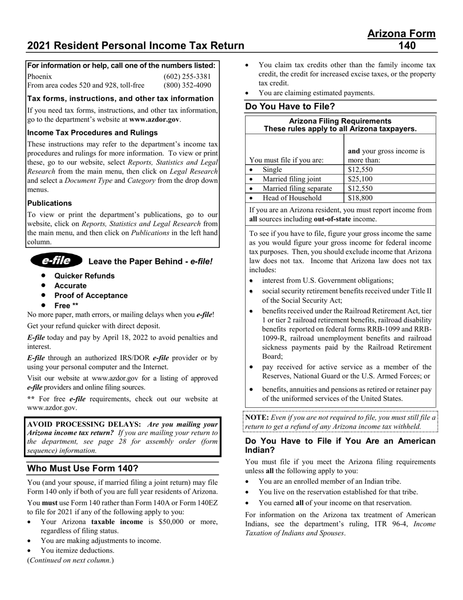 Instructions for Arizona Form 140, ADOR10413 Resident Personal Income Tax Return - Arizona, Page 1