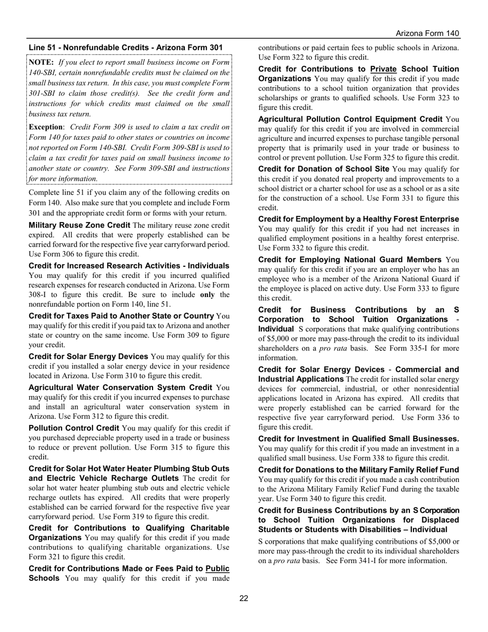 Instructions for Arizona Form 140, ADOR10413 Resident Personal Income Tax Return - Arizona, Page 22