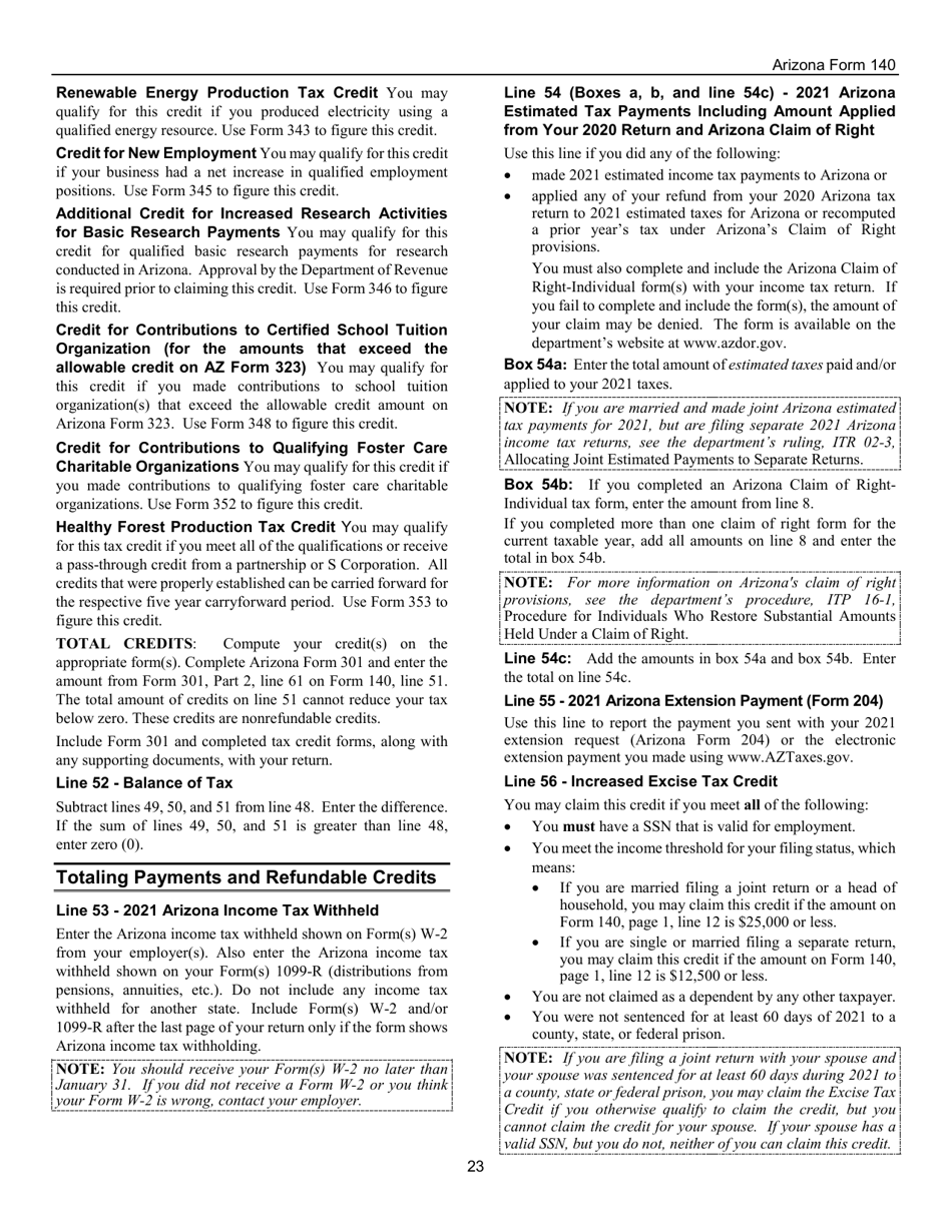 Instructions for Arizona Form 140, ADOR10413 Resident Personal Income Tax Return - Arizona, Page 23