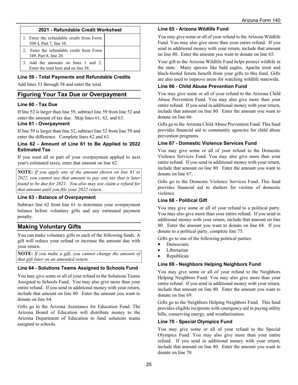 Instructions for Arizona Form 140, ADOR10413 Resident Personal Income Tax Return - Arizona, Page 25