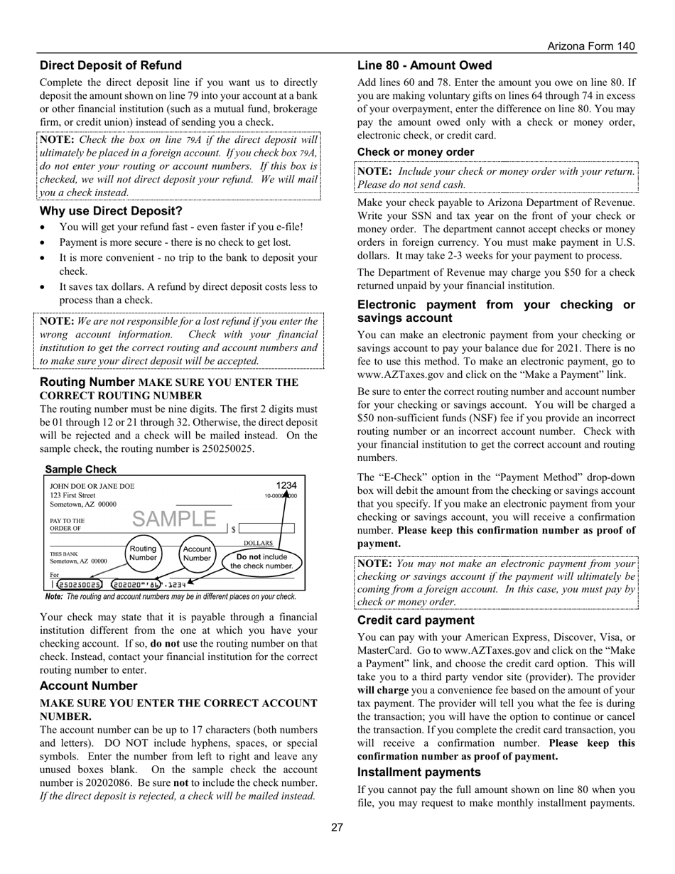 Instructions for Arizona Form 140, ADOR10413 Resident Personal Income Tax Return - Arizona, Page 27