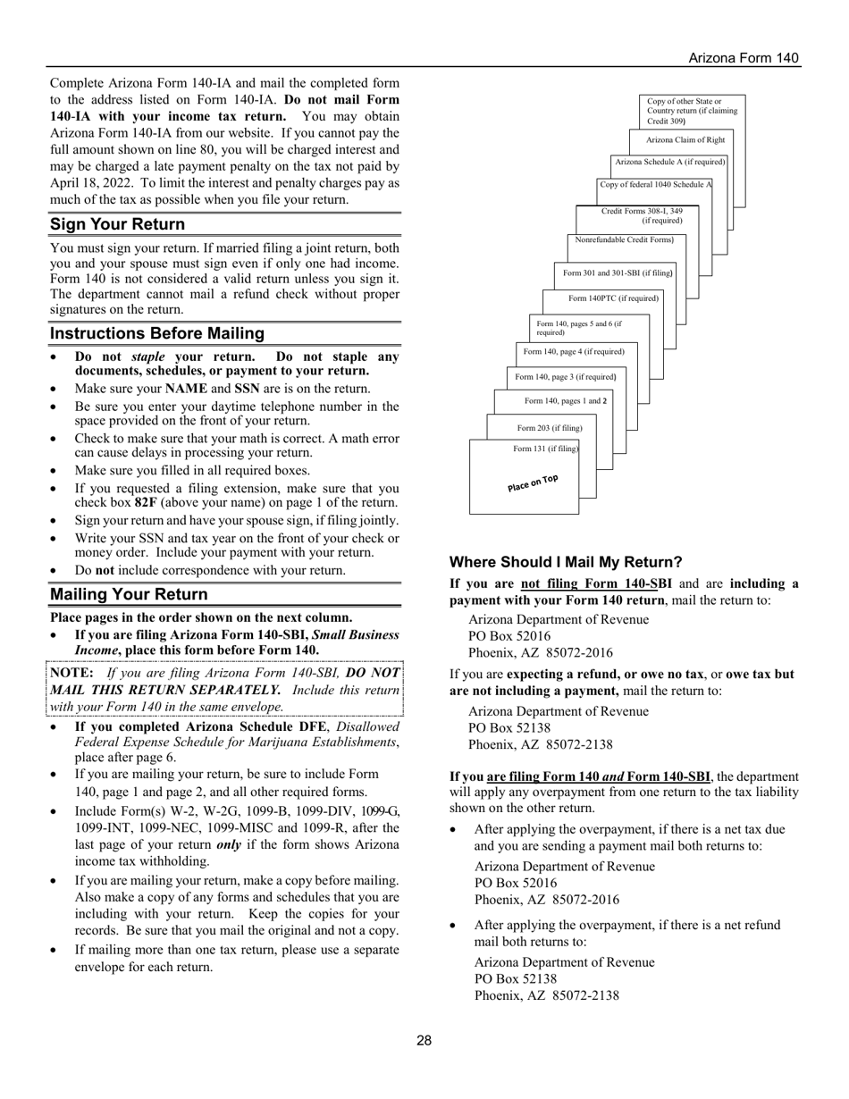 Instructions for Arizona Form 140, ADOR10413 Resident Personal Income Tax Return - Arizona, Page 28