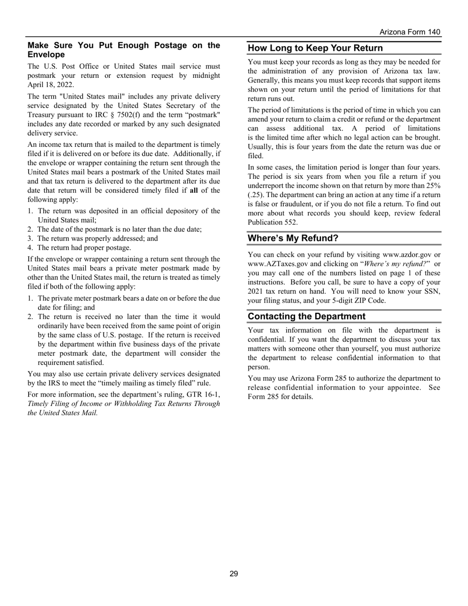 Instructions for Arizona Form 140, ADOR10413 Resident Personal Income Tax Return - Arizona, Page 29