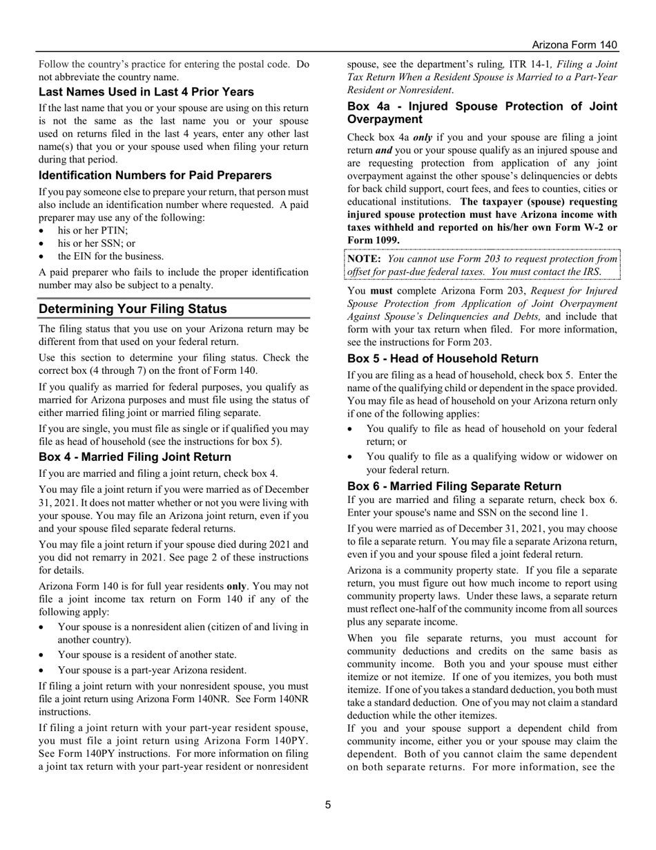 Instructions for Arizona Form 140, ADOR10413 Resident Personal Income Tax Return - Arizona, Page 5