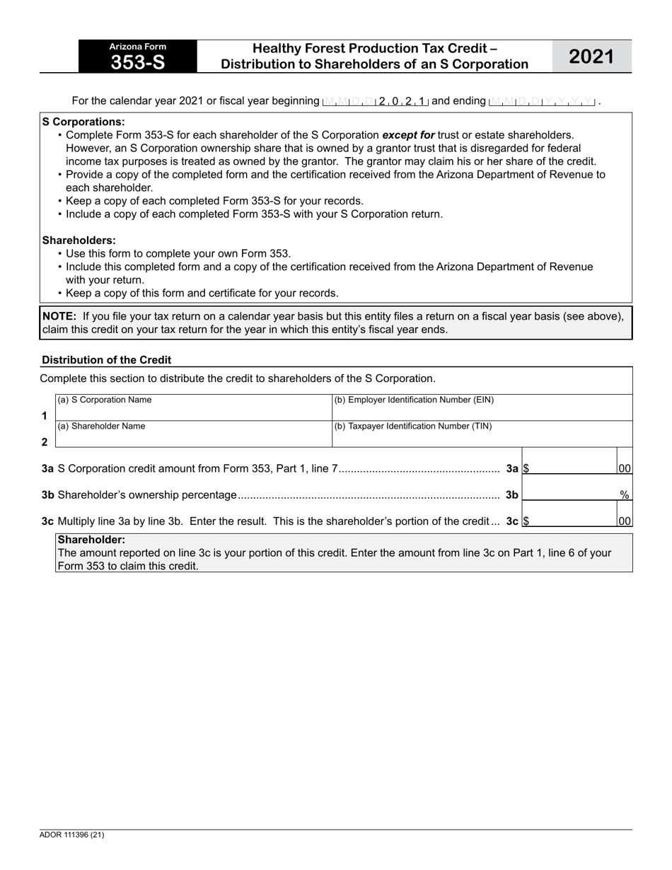 Arizona Form 353-S (ADOR111396) Healthy Forest Production Tax Credit - Distribution to Shareholders of an S Corporation - Arizona, Page 1