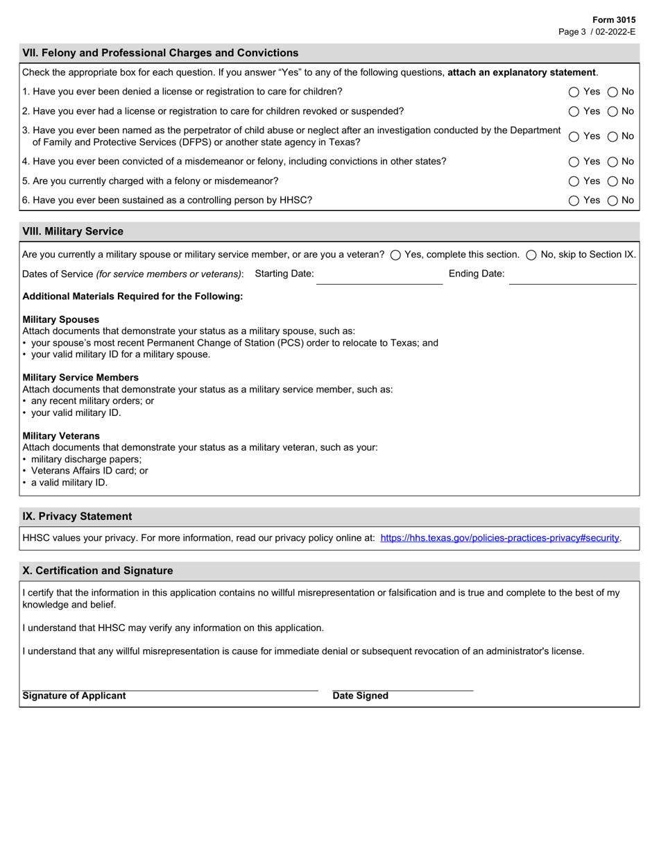 Form 3015 Application for a Child Care Administrator License or a Child-Placing Agency Administrator License - Texas, Page 3