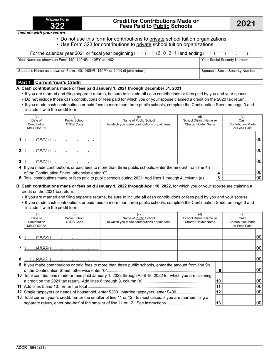 Arizona Form 322 (ADOR10941) Credit for Contributions Made or Fees Paid to Public Schools - Arizona, Page 1
