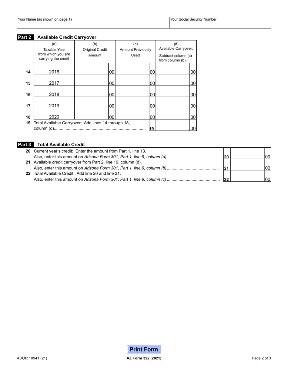 Arizona Form 322 (ADOR10941) Credit for Contributions Made or Fees Paid to Public Schools - Arizona, Page 2