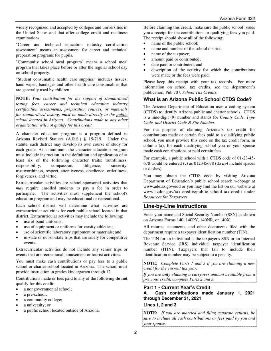Instructions for Arizona Form 322, ADOR10941 Credit for Contributions Made or Fees Paid to Public Schools - Arizona, Page 2