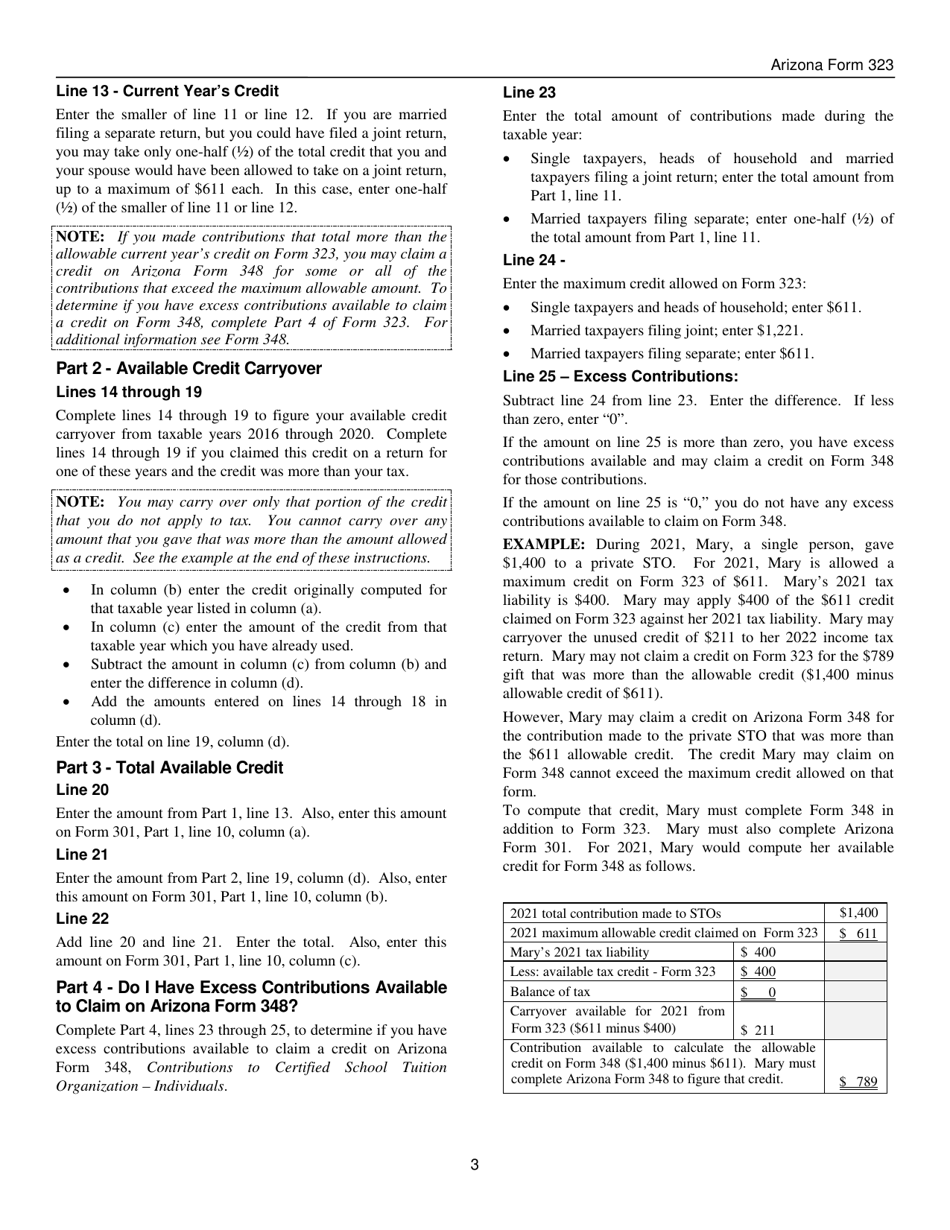 Instructions for Arizona Form 323, ADOR10941 Credit for Contributions to Private School Tuition Organizations - Arizona, Page 3