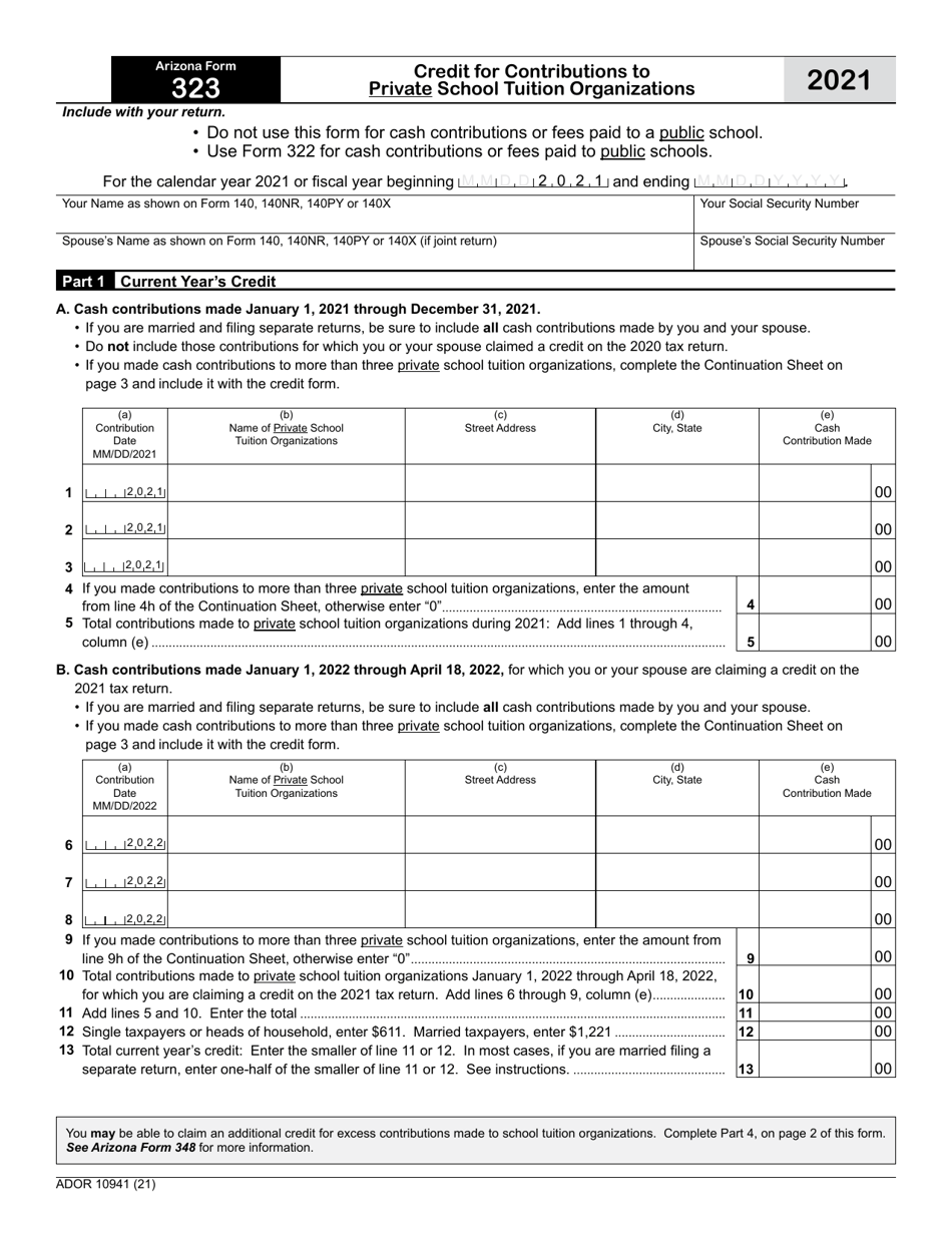 Arizona Form 323 (ADOR10941) Credit for Contributions to Private School Tuition Organizations - Arizona, Page 1