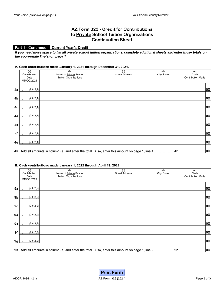 Arizona Form 323 (ADOR10941) Credit for Contributions to Private School Tuition Organizations - Arizona, Page 3