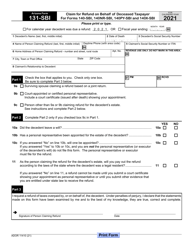 Document preview: Arizona Form 131-SBI (ADOR11410) Claim for Refund on Behalf of Deceased Taxpayer for Forms 140-sbi, 140nr-Sbi, 140py-Sbi and 140x-Sbi - Arizona