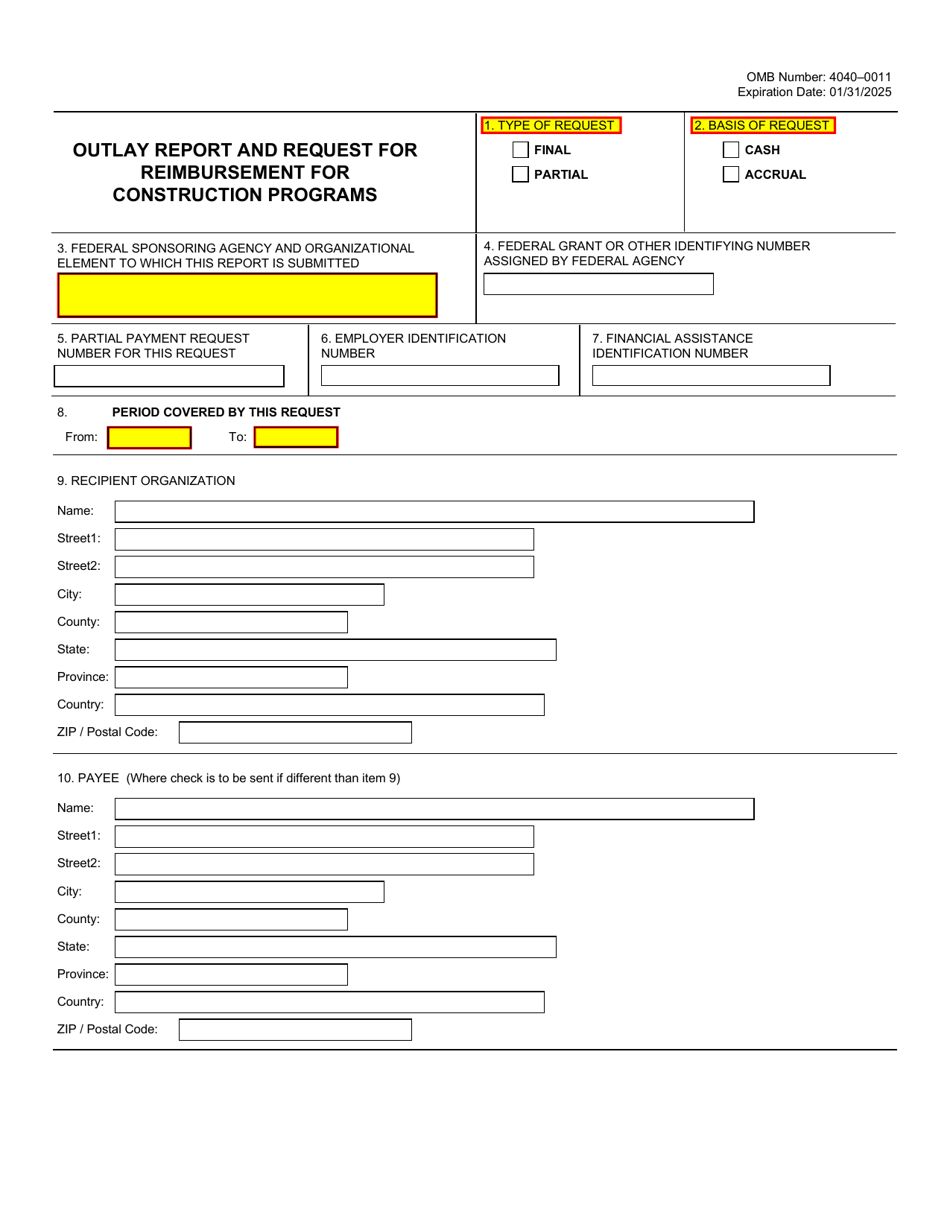 Form SF-271 Outlay Report and Request for Reimbursement for Construction Programs, Page 1