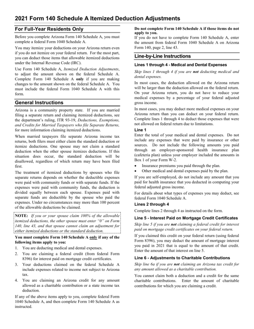 Arizona Form 140, ADOR10571 Schedule A 2021 Printable Pdf