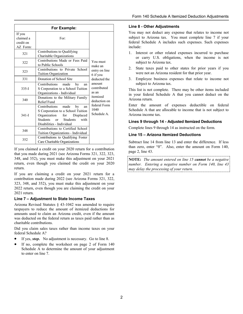 Instructions for Arizona Form 140, ADOR10571 Schedule A Itemized Deduction Adjustments - Arizona, Page 2