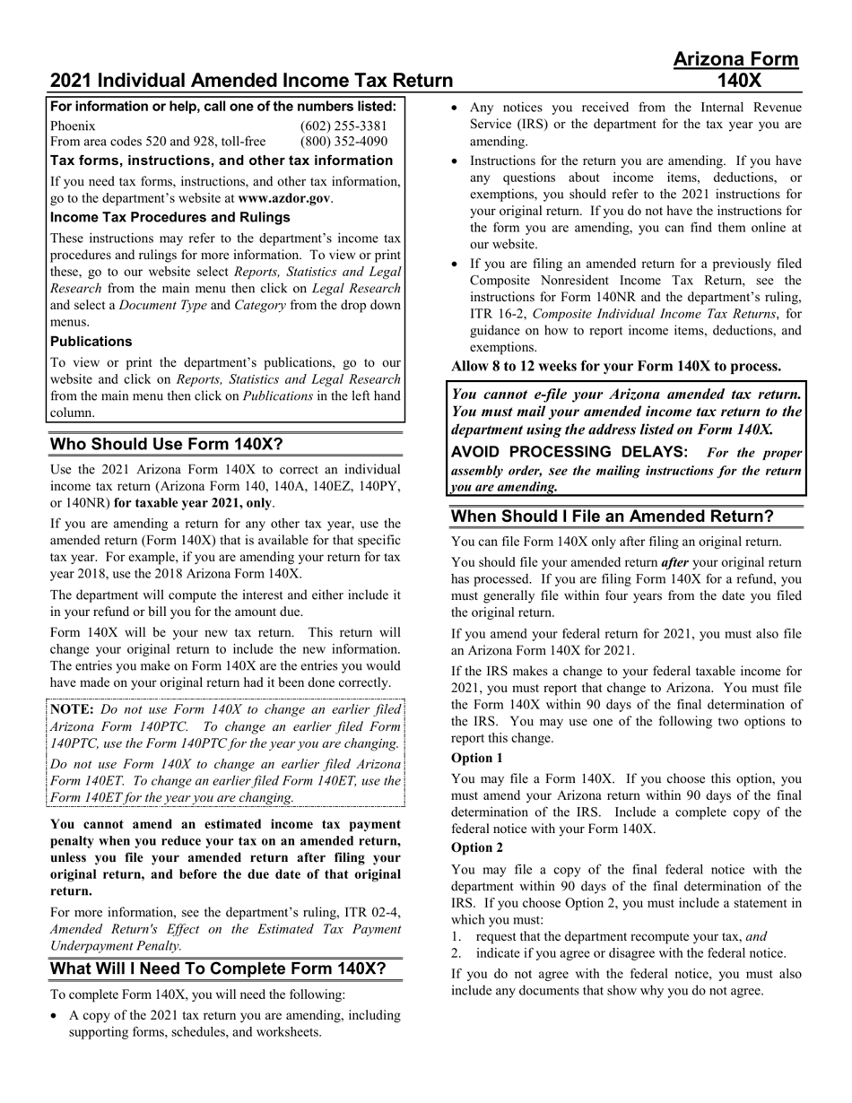 Download Instructions for Arizona Form 140X, ADOR10573 Individual