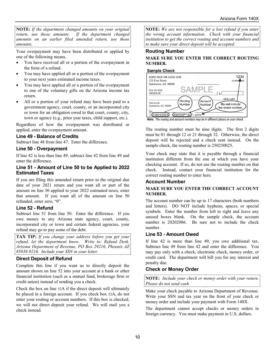 Instructions for Arizona Form 140X, ADOR10573 Individual Amended Income Tax Return for Forms 140, 140a, 140ez, 140nr and 140py - Arizona, Page 10